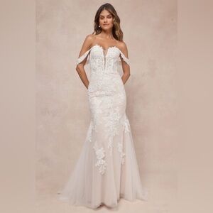 LULU’S ENDLESS DEDICATION EMBROIDERED OFF THE SHOULDER MAXI WEDDING DRESS